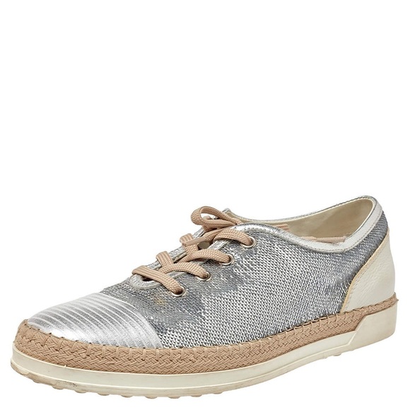TOD'S Silver Sequin Espadrille Lace-Up Sneakers Sz 36.5/6 Quiet Luxury Designer - Picture 1 of 11